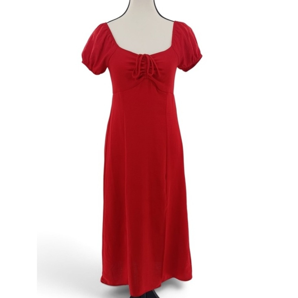 Monteau Los Angeles Dress Women Small Red Puff Sleeve Sweetheart Midi Milkmaid